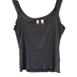 Y2K Vintage Bongo Women's Black Tank Top Size Large Sheer Trim 2000s Classic